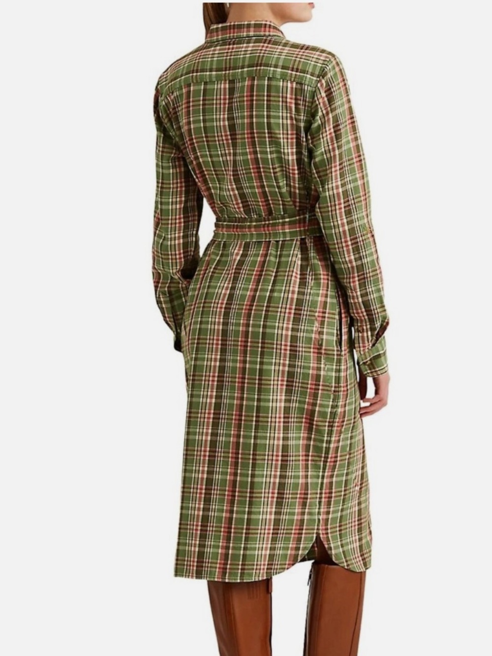 Ralph Lauren Green Plaid Midi Shirt Dress with Waist Tie size6 - Picture 2 of 11